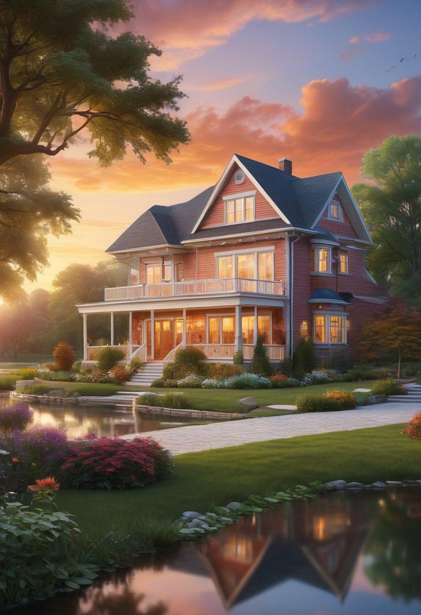 A serene landscape of Becker County with a cozy home in the foreground, surrounded by lush greenery and a calm lake, symbolizing security and comfort. In the sky, incorporate various iconic insurance symbols like a shield, umbrella, and heart to represent financial protection. A warm, inviting sunset casts golden hues across the scene, enhancing the feeling of safety and trust. Illustrate diverse families enjoying the outdoors, emphasizing community and protection. super-realistic. vibrant colors. peaceful atmosphere.