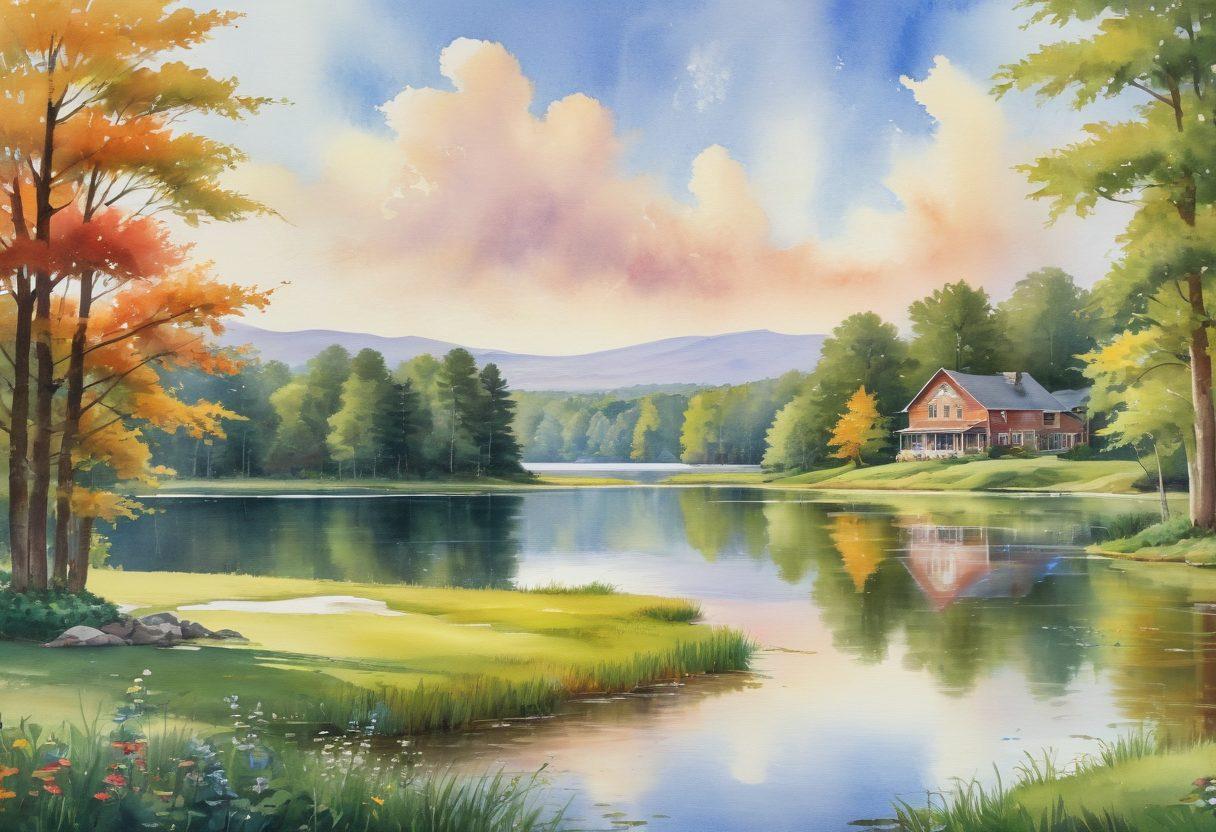 A detailed landscape of Becker County showcasing various insurance options like auto, home, and health with icons representing each type, blending seamlessly with the natural scenery of lakes and forests. Include a friendly insurance agent interacting with a diverse family, emphasizing trust and guidance. The sky should be bright and inviting, symbolizing security and peace of mind. watercolor style. vibrant colors.